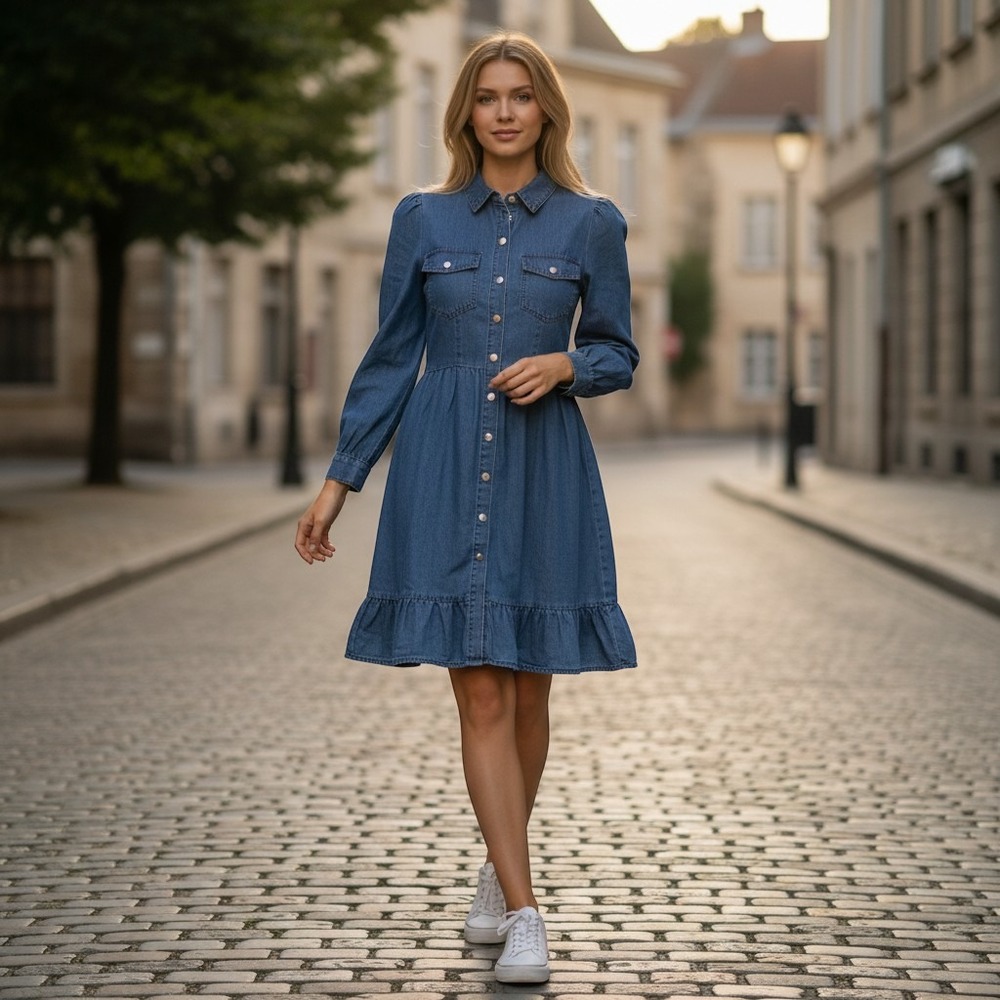 Utcoco Denim Shirt Dress Womens S Puff Sleeve Tiered Ruffle Button Front NWT
